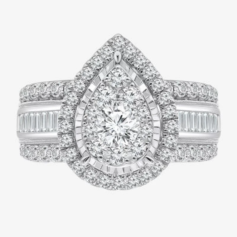 (I / I1) Womens 2 CT. T.W. Lab Grown White Diamond 10K Gold Pear Side Stone Engagement Ring