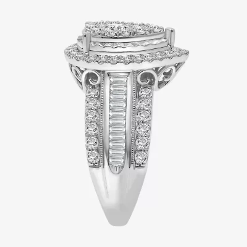 (I / I1) Womens 2 CT. T.W. Lab Grown White Diamond 10K Gold Pear Side Stone Engagement Ring