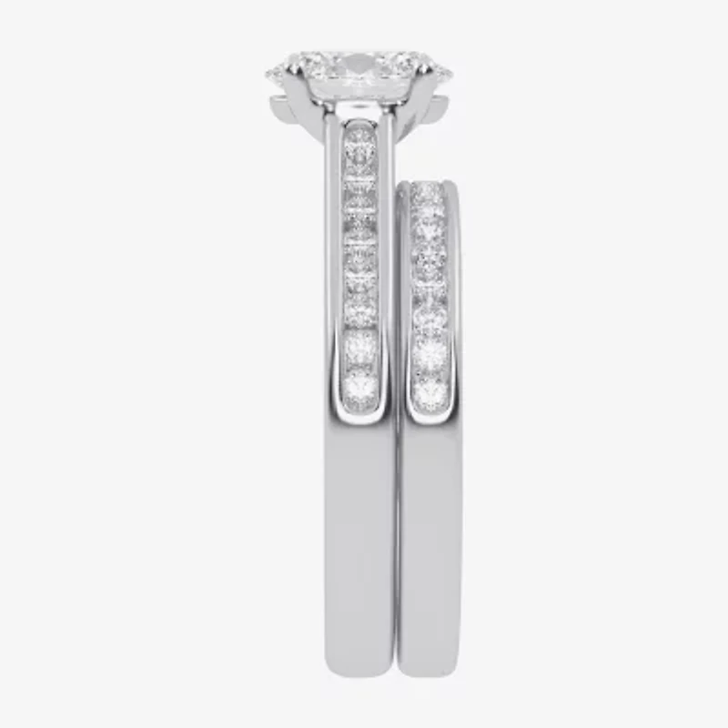 (G / Vs2-Si1) Womens 1 1/2 CT. T.W. Lab Grown White Diamond 10K Gold Oval Side Stone Bridal Set