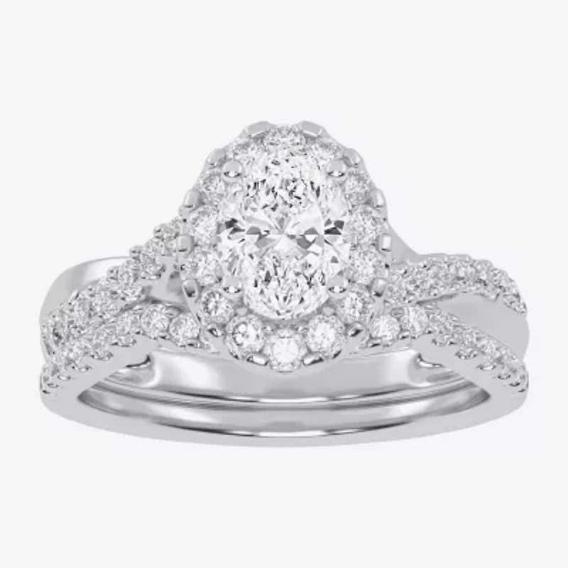 (G / Vs2-Si1) Womens 1 CT. T.W. Lab Grown White Diamond 14K Gold Oval Side Stone Halo Engagement Ring