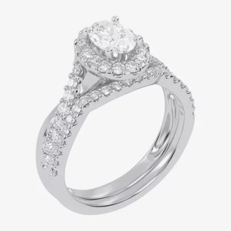(G / Vs2-Si1) Womens 1 CT. T.W. Lab Grown White Diamond 14K Gold Oval Side Stone Halo Engagement Ring