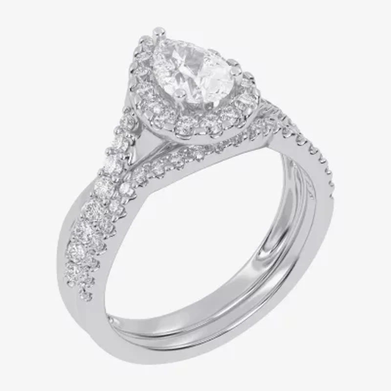 (G / Vs2-Si1) Womens 1 CT. T.W. Lab Grown White Diamond 14K Gold Pear Side Stone Halo Engagement Ring