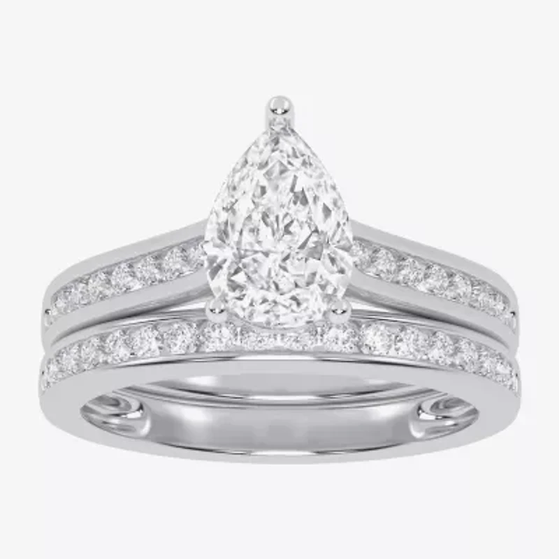 (G / Vs2-Si1) Womens 1 1/2 CT. T.W. Lab Grown White Diamond 10K Gold Pear Side Stone Bridal Set