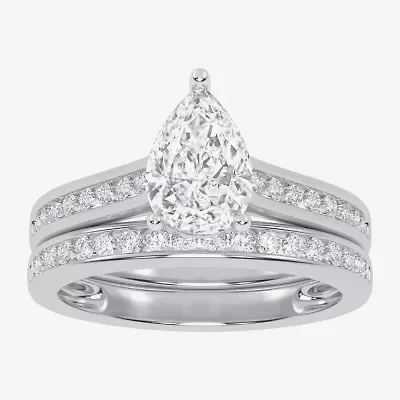 (G / Vs2-Si1) Womens 1 1/2 CT. T.W. Lab Grown White Diamond 10K Gold Pear Side Stone Bridal Set