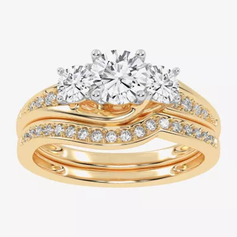 (G / Vs2-Si1) Womens 1 CT. T.W. Lab Grown White Diamond 10K Gold Side Stone 3-Stone Bridal Set