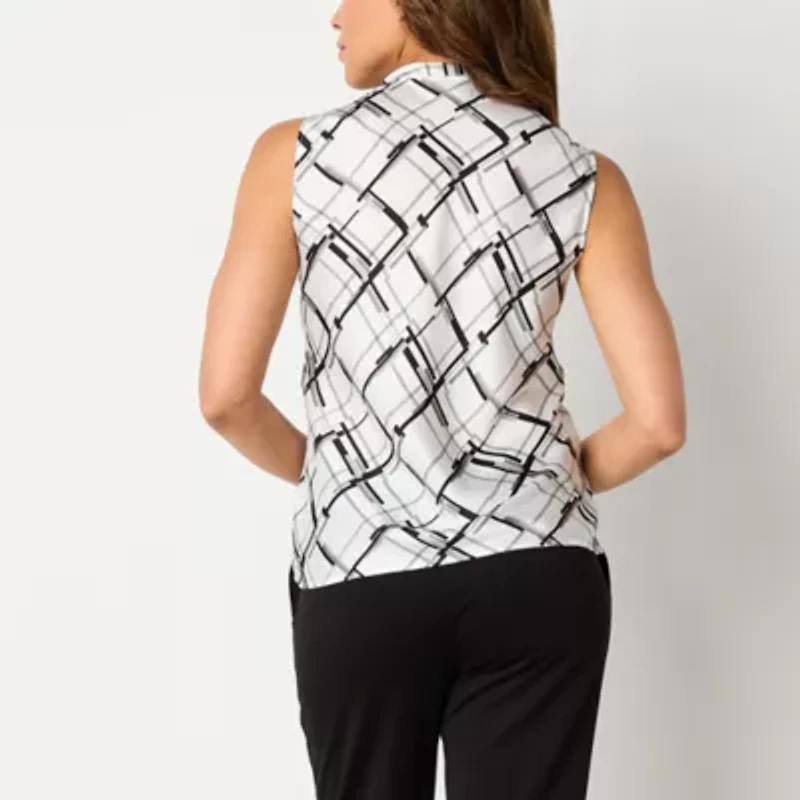 Black Label by Evan-Picone Womens Split Tie Neck Sleeveless Satin Blouse