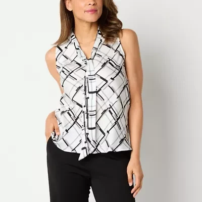 Black Label by Evan-Picone Womens Split Tie Neck Sleeveless Satin Blouse