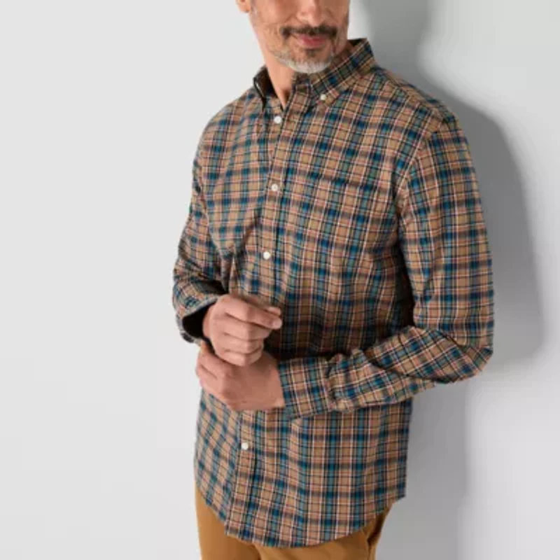 St. John's Bay Stretch Poplin Mens Long Sleeve Classic Fit Button-Down Shirt