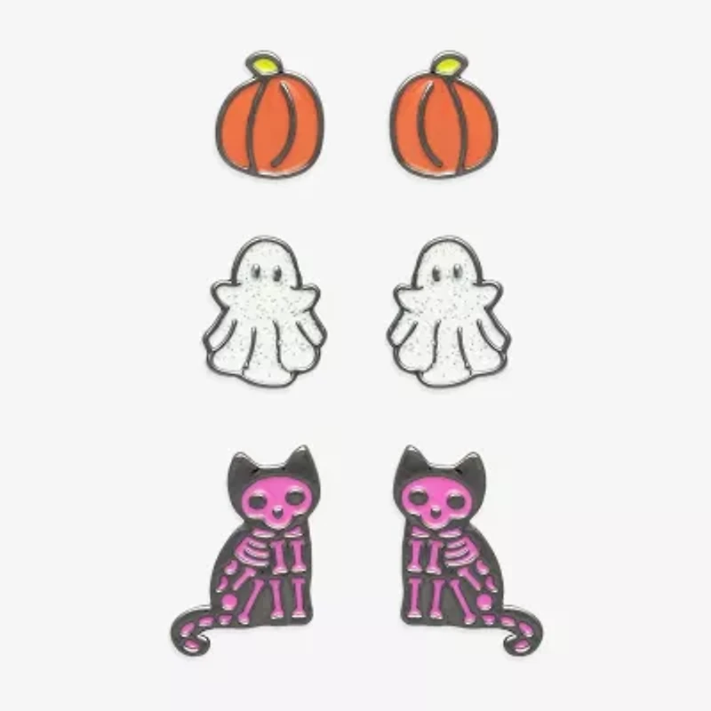 Mixit Halloween Pumpkin Ghost & Skeleton Womens Multi Color Glass 3 Pair Earring Set