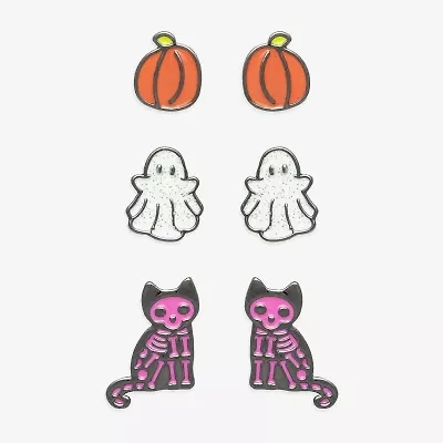 Mixit Halloween Pumpkin Ghost & Skeleton Womens Multi Color Glass 3 Pair Earring Set