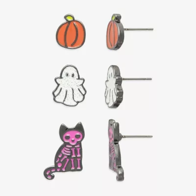 Mixit Halloween Pumpkin Ghost & Skeleton Womens Multi Color Glass 3 Pair Earring Set