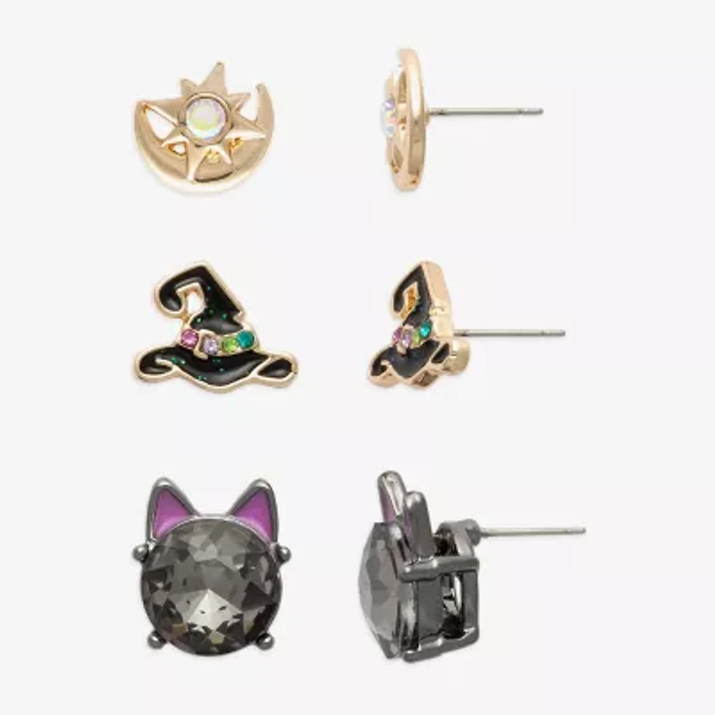 Mixit Halloween Hat & Cat Eye Womens Green Glass 3 Pair Earring Set