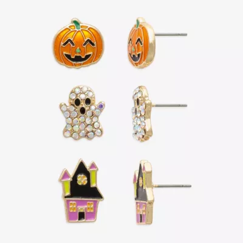 Mixit Halloween Pumpkin Haunted House & Ghost Womens Purple Glass 3 Pair Earring Set