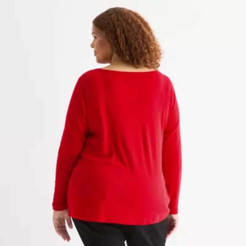 St. John's Bay Womens Plus Easy-on + Easy-off Crew Neck Long Sleeve Adaptive T-Shirt