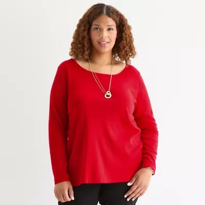 St. John's Bay Womens Plus Easy-on + Easy-off Crew Neck Long Sleeve Adaptive T-Shirt