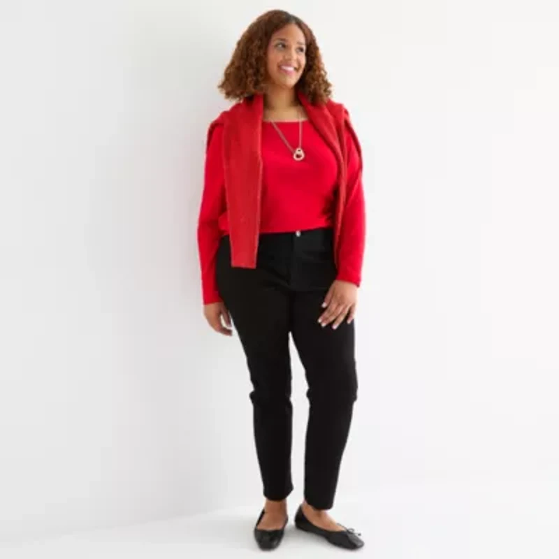 St. John's Bay Womens Plus Easy-on + Easy-off Crew Neck Long Sleeve Adaptive T-Shirt