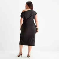 Premier Amour Womens One Shoulder Short Sleeve Midi Sheath Dress Plus