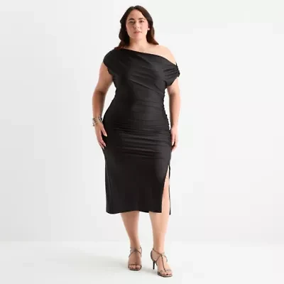 Premier Amour Womens One Shoulder Short Sleeve Midi Sheath Dress Plus