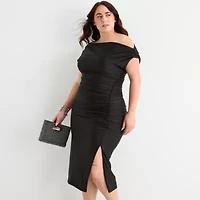 Premier Amour Womens One Shoulder Short Sleeve Midi Sheath Dress Plus