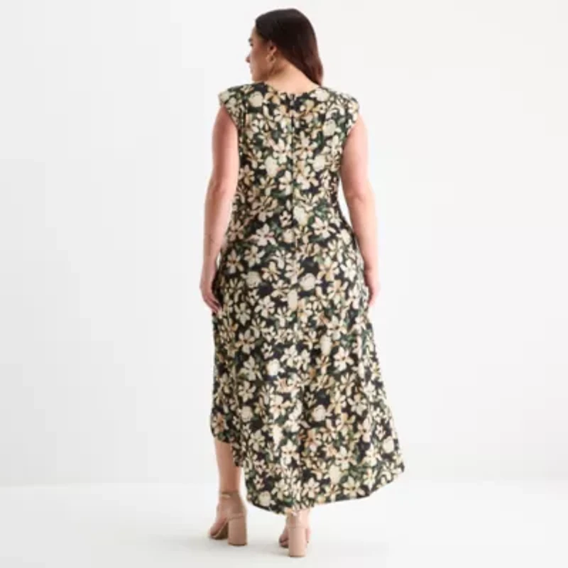 Premier Amour Womens Sleeveless Floral High-Low Plus Fit + Flare Dress