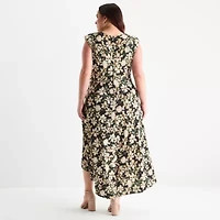Premier Amour Womens Sleeveless Floral High-Low Plus Fit + Flare Dress