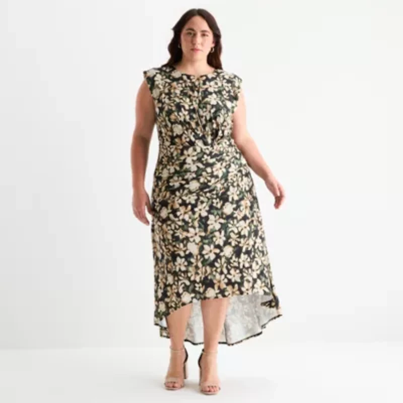 Premier Amour Womens Sleeveless Floral High-Low Plus Fit + Flare Dress