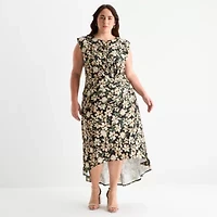 Premier Amour Womens Sleeveless Floral High-Low Plus Fit + Flare Dress