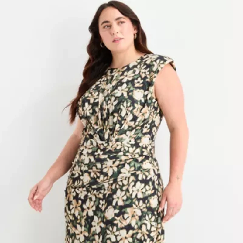 Premier Amour Womens Sleeveless Floral High-Low Plus Fit + Flare Dress