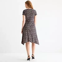 Perceptions Womens Short Sleeve Floral Midi Fit + Flare Dress
