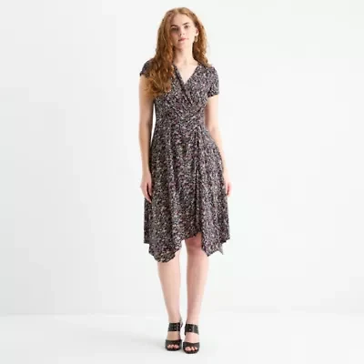 Perceptions Womens Short Sleeve Floral Midi Fit + Flare Dress