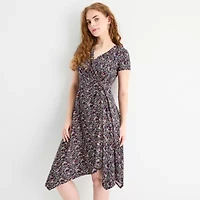 Perceptions Womens Short Sleeve Floral Midi Fit + Flare Dress
