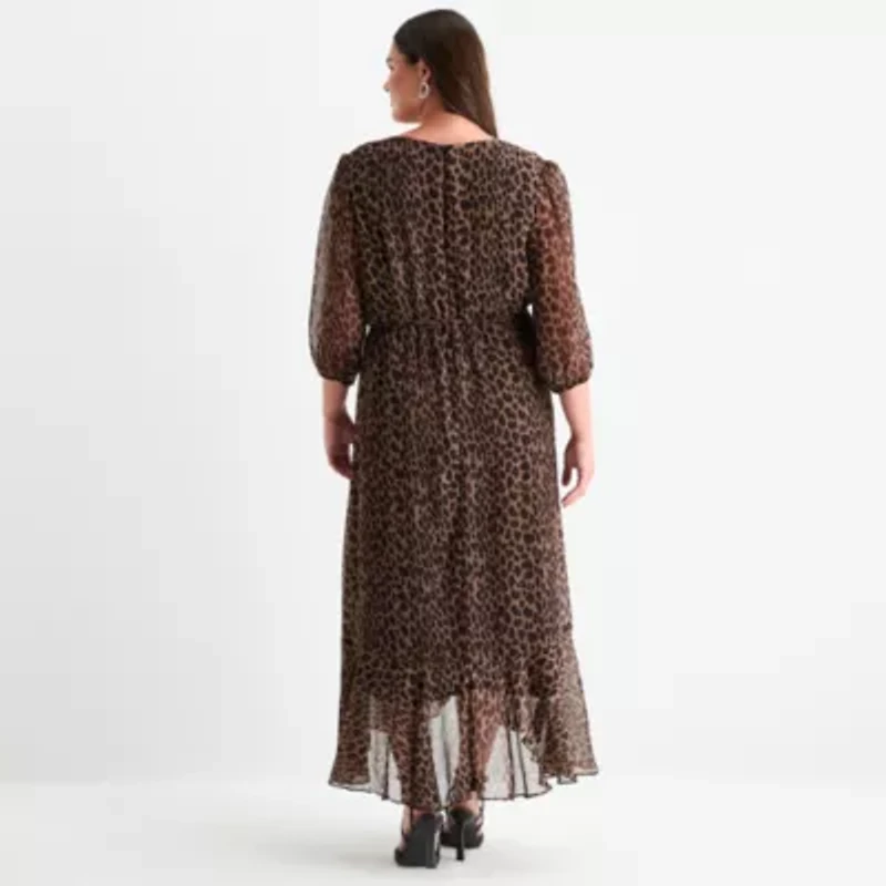 Melonie T Womens 3/4 Sleeve Animal Plus Maxi Dress