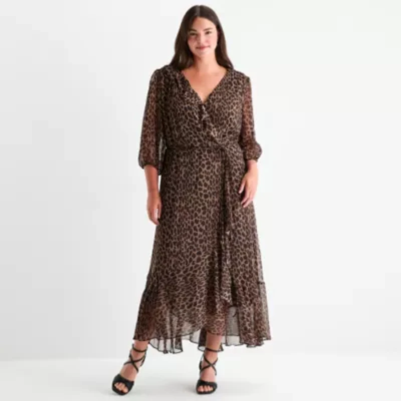 Melonie T Womens 3/4 Sleeve Animal Plus Maxi Dress