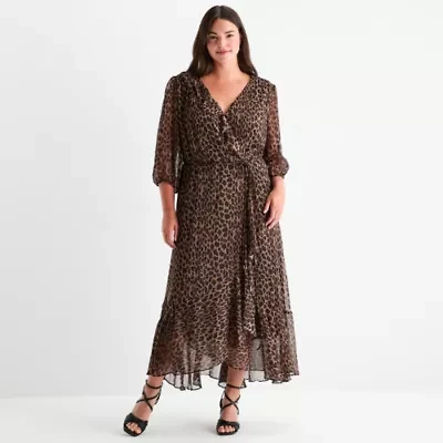 Melonie T Womens 3/4 Sleeve Animal Plus Maxi Dress