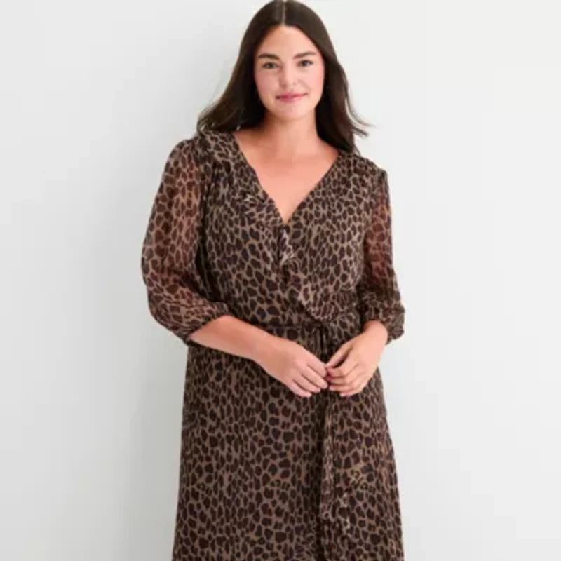 Melonie T Womens 3/4 Sleeve Animal Plus Maxi Dress