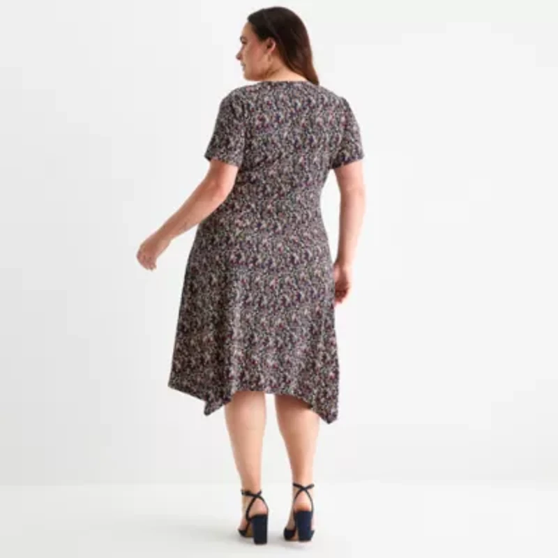 Perceptions Womens Short Sleeve Floral Midi Plus Fit + Flare Dress