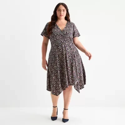 Perceptions Womens Short Sleeve Floral Midi Plus Fit + Flare Dress