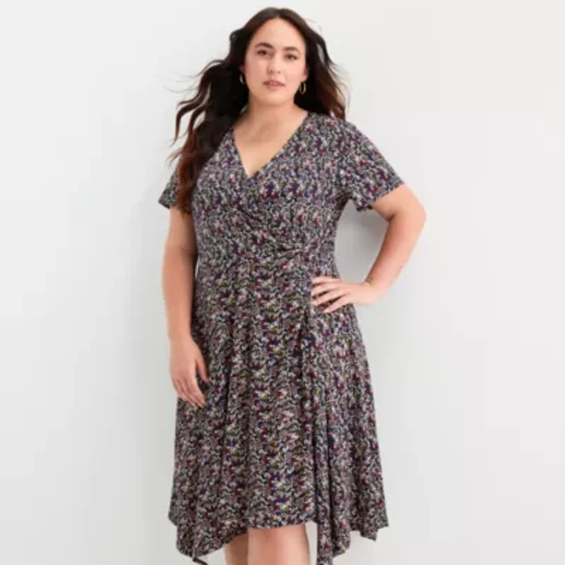 Perceptions Womens Short Sleeve Floral Midi Plus Fit + Flare Dress