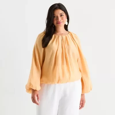 Worthington Womens Crew Neck Long Sleeve Plus Blouse