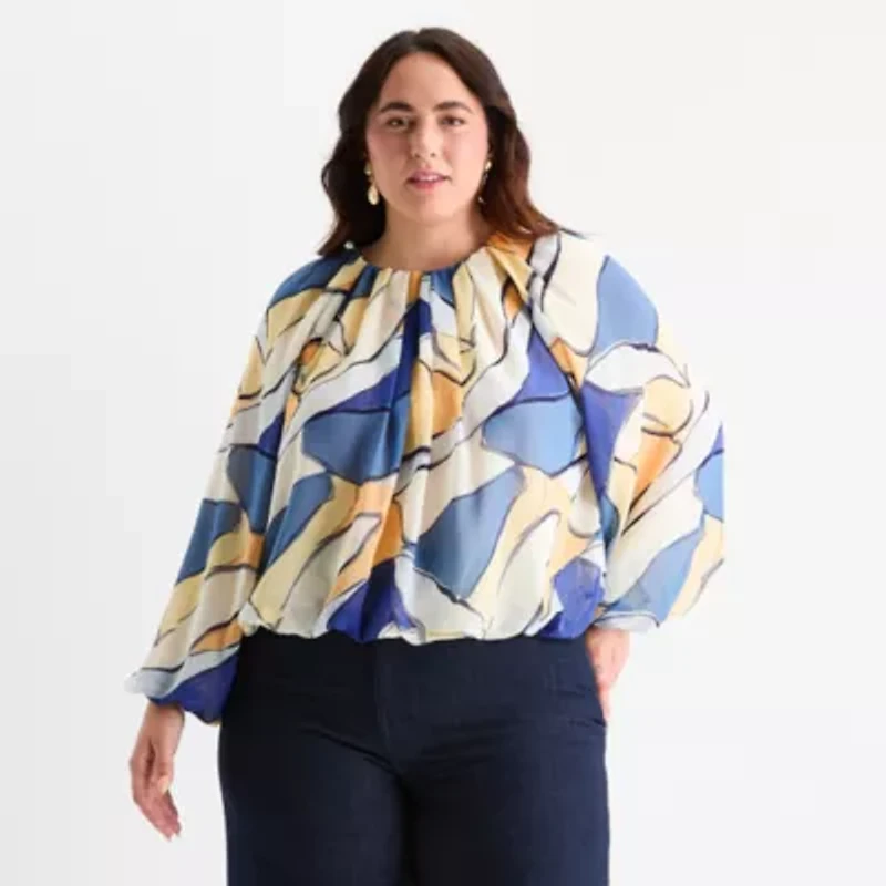 Worthington Womens Crew Neck Long Sleeve Plus Blouse