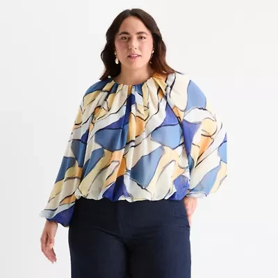 Worthington Womens Crew Neck Long Sleeve Plus Blouse