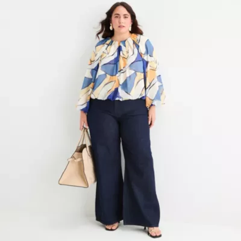 Worthington Womens Crew Neck Long Sleeve Plus Blouse