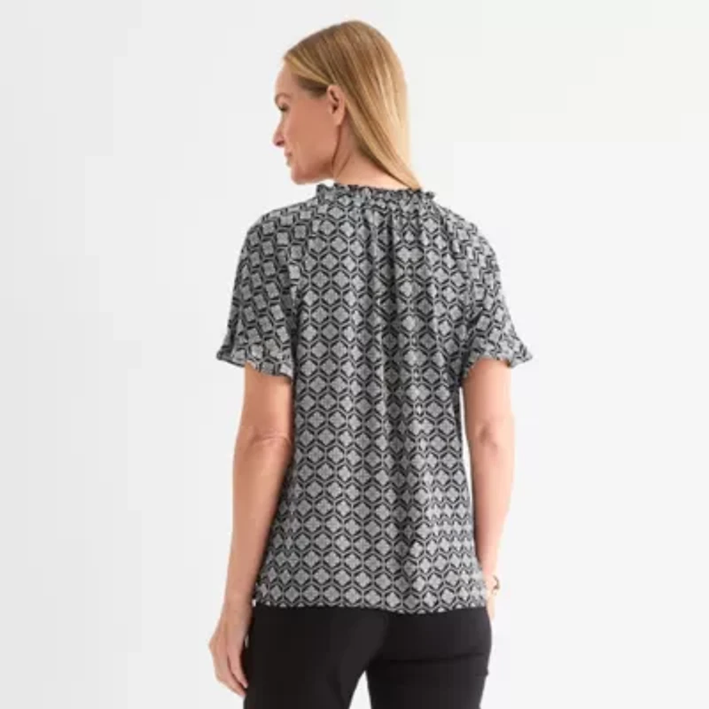 Liz Claiborne Womens Split Tie Neck Short Sleeve Blouse