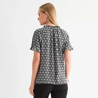 Liz Claiborne Womens Split Tie Neck Short Sleeve Blouse