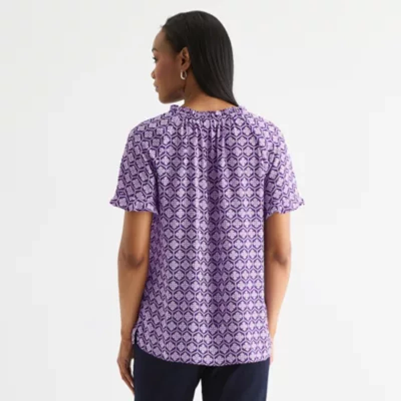 Liz Claiborne Womens Split Tie Neck Short Sleeve Blouse