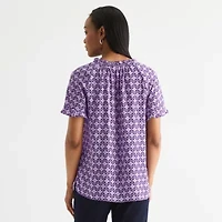 Liz Claiborne Womens Split Tie Neck Short Sleeve Blouse