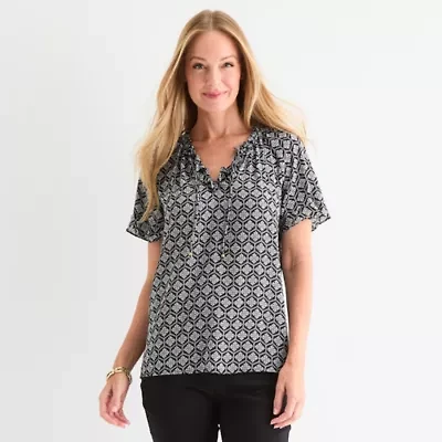 Liz Claiborne Womens Split Tie Neck Short Sleeve Blouse