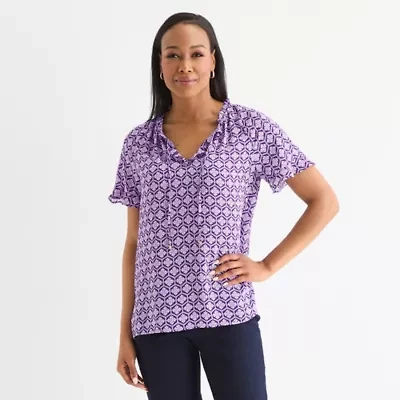 Liz Claiborne Womens Split Tie Neck Short Sleeve Blouse