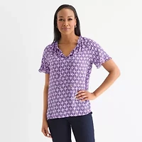 Liz Claiborne Womens Split Tie Neck Short Sleeve Blouse