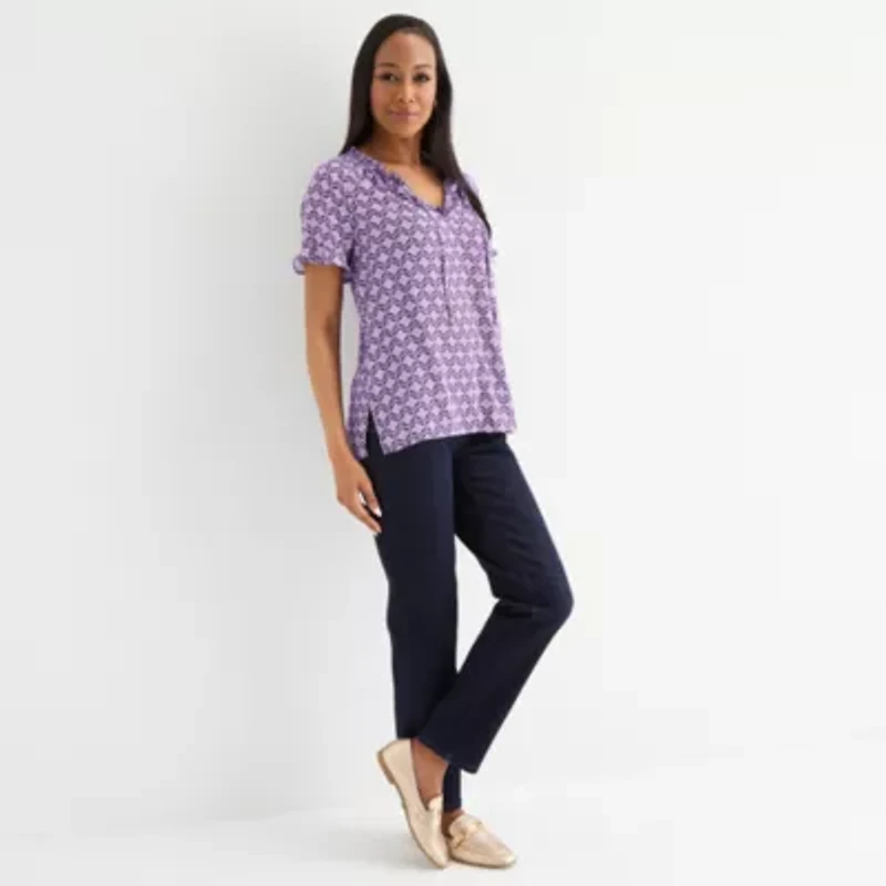 Liz Claiborne Womens Split Tie Neck Short Sleeve Blouse